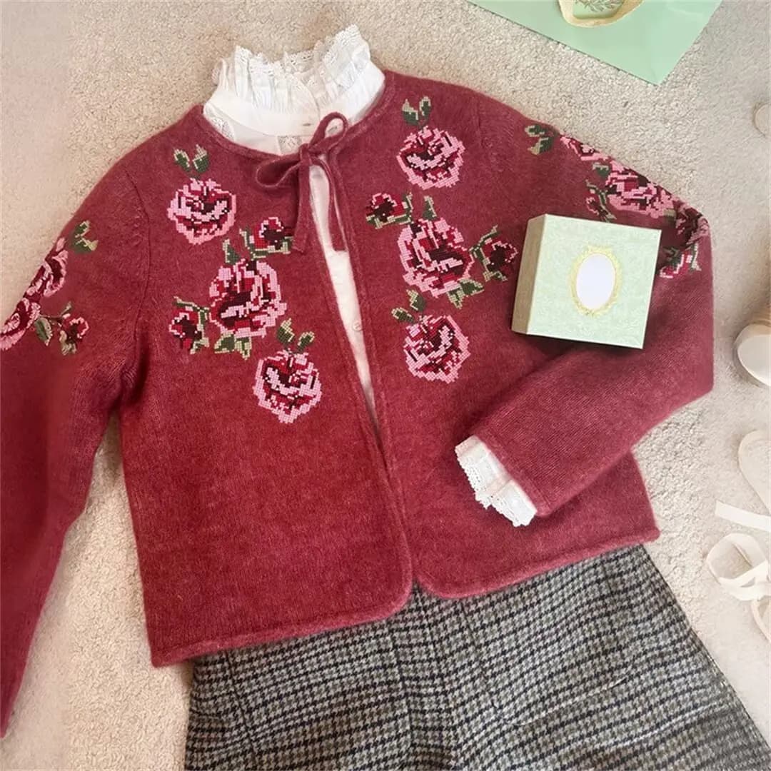 Charming Cross Stitch Paris Seza Knitted Sweater Red Belted Open Cardigan Soft Wool Blend Long Sleeve round Neck Short Style