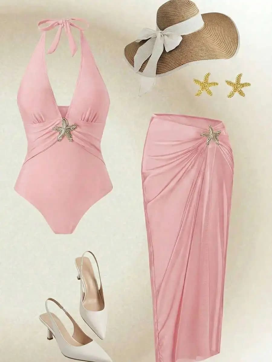 Costume da bagno rosa da donna con decorazioni a stella e gonna drappeggiata abbinata, set da spiaggia