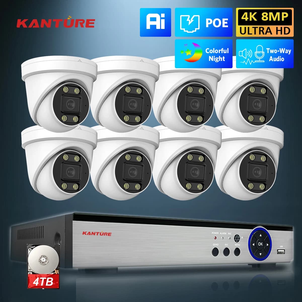 Sistema di Telecamere POE 8CH 4K 8MP H.265 con Audio Bidirezionale, Visione Notturna a Colori, Kit di Videosorveglianza CCTV per Interni in Metallo