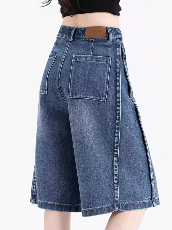 High Waist Five-Quarter Thin Denim Shorts Women's Summer Loose Fit Wide Leg Jeans Casual Style Blue Thin Denim Pants