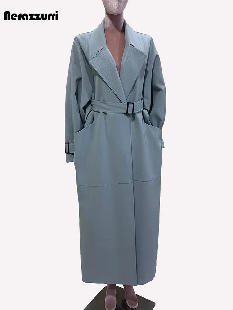 Nerazzurri Autunno Trench in pelle PU extra lunga oversize per donna Cintura allentata Abiti firmati di lusso Pista di moda 2024