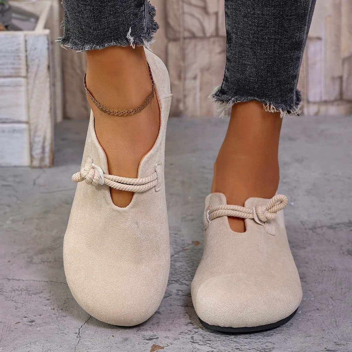 Mocassini piatti in pelle scamosciata da donna, scarpe casual slip-on con nodo in corda, ballerine comode con punta tonda per tutti i giorni