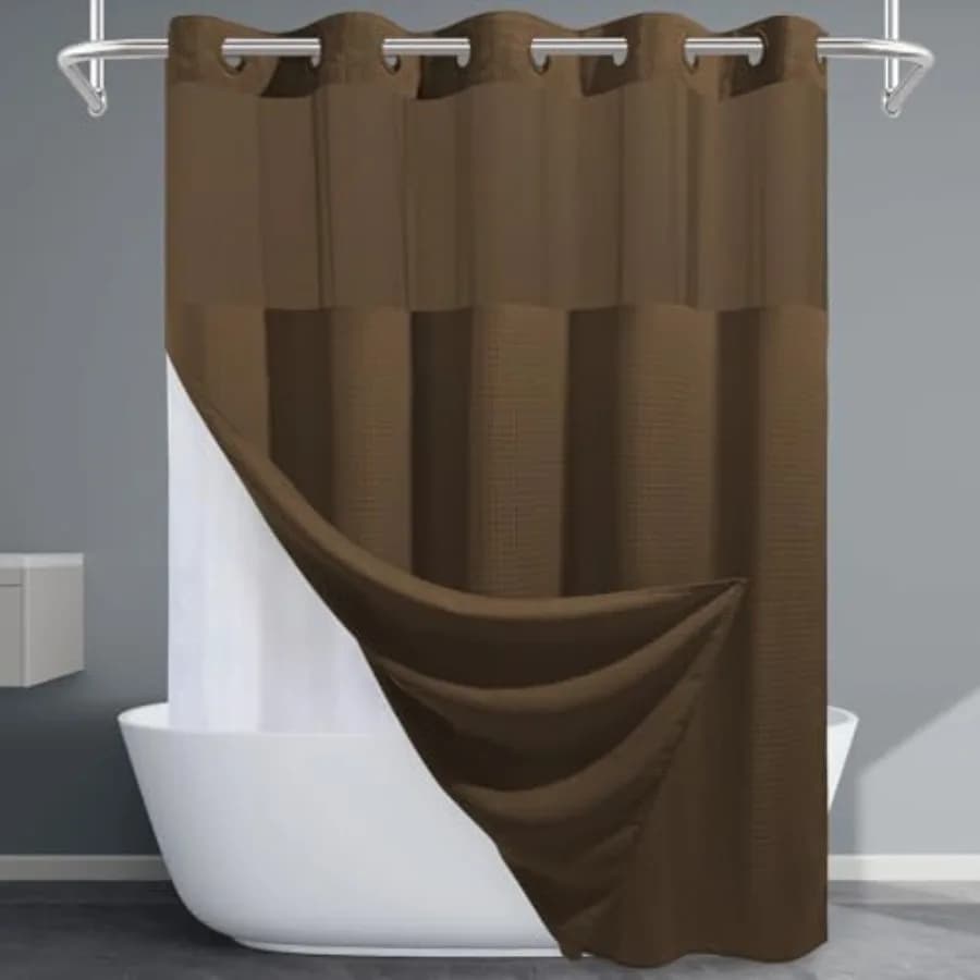 Heavyweight Brown No Hook Shower Curtain with Snap in Liner, 256GSM Waffle Weave Shower Curtains for Bathroom, 71W x 74H