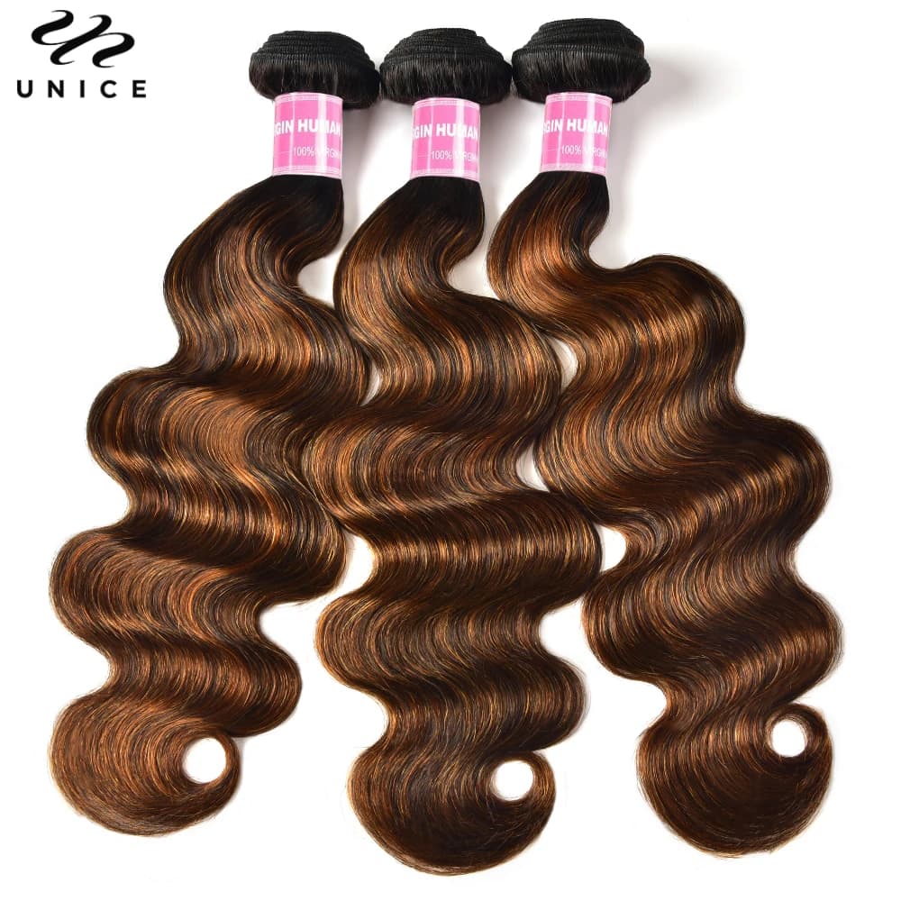 Unice FB30 Balayage Highlight Body Wave Human Hair Bundles 3PCS Deal 100% Human Hair Ombre Brown Colored Bundles Sew In Weaves