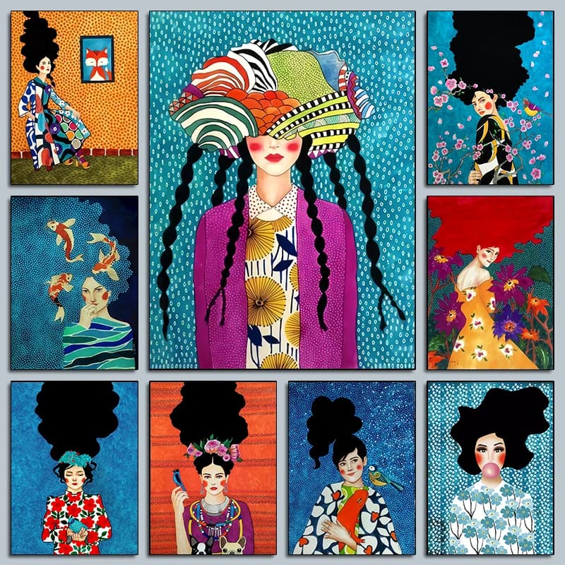 Abstract And Colorful Girl Mural Oil Painting Nordic Poster Canvas Mural Living Room Retro Frameless
