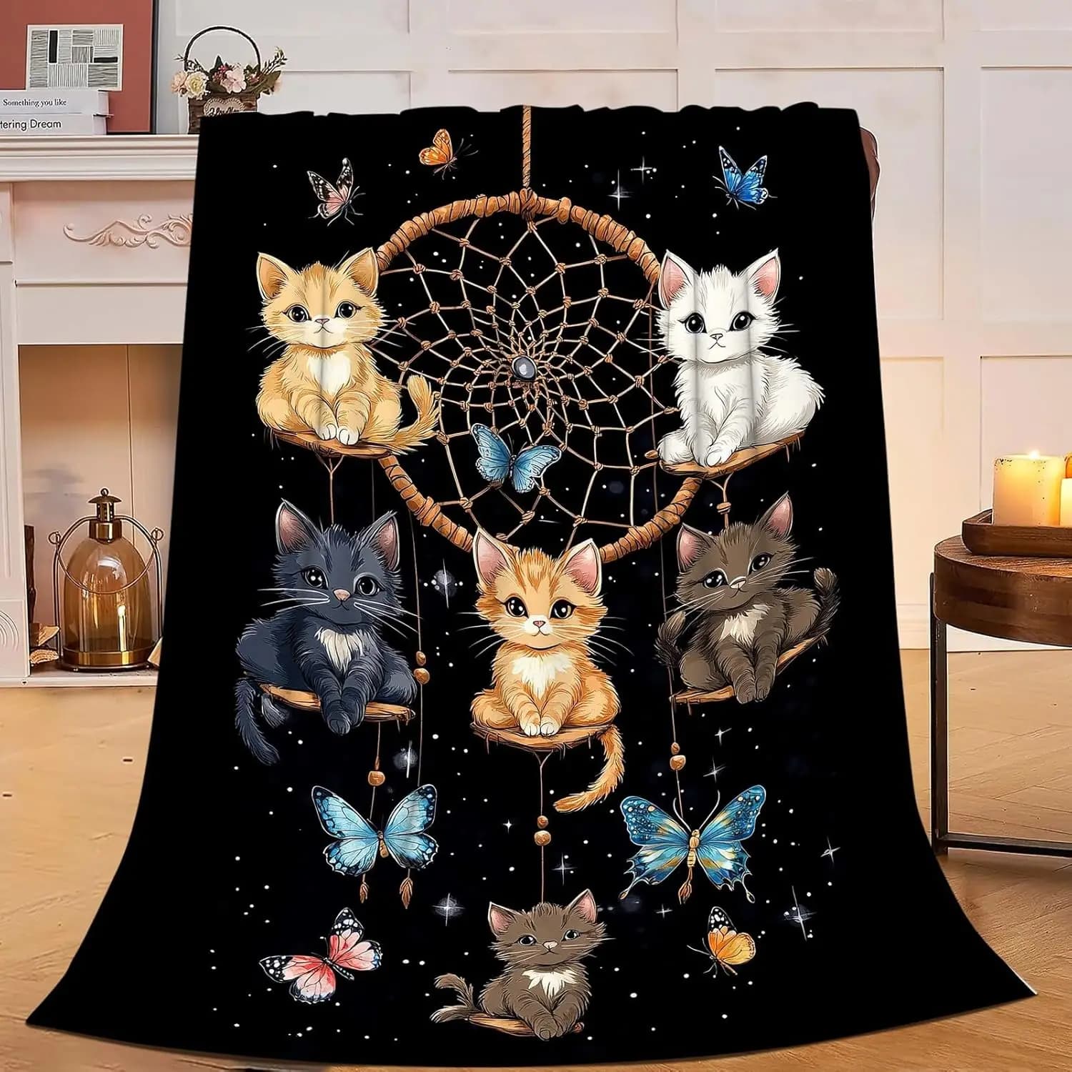 Cute Cat Blanket Dream Catcher Throw Blanket Cartoon Cat Gifts for Men Women Boys Girls Kids Adults Super Soft Cozy Plush Fluffy