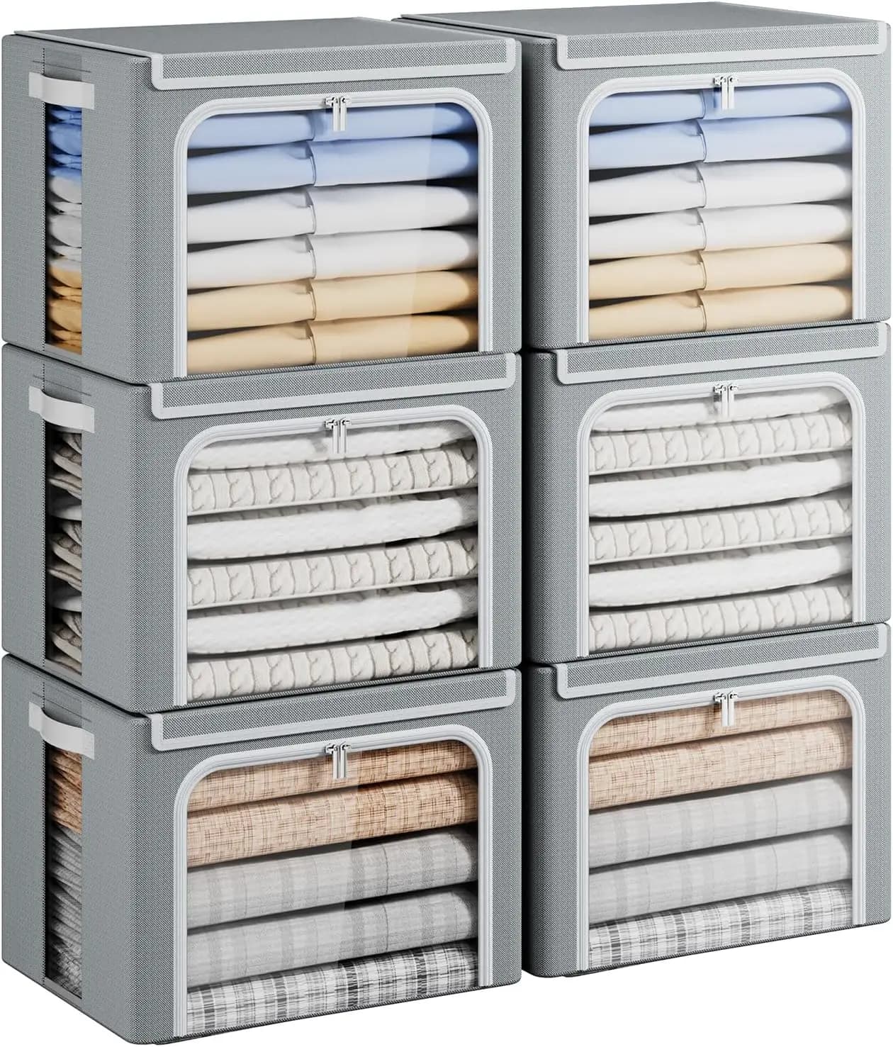 Contenitori per Vestiti con Telaio in Metallo, Scatole Organizer Pieghevoli con Finestra Trasparente e Cerniere, Set da 6 Grigio 40L