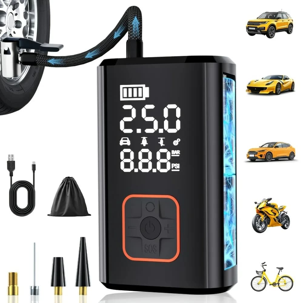 Compressore d'aria portatile wireless, gonfiatore elettrico per pneumatici con luce LED per auto, moto, bicicletta e palloni