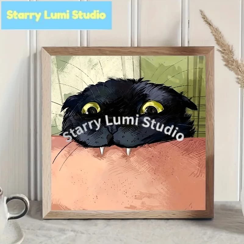 Kit Pittura Diamante 5D Fai da Te, Design Creativo a Tema Gatto Nero Sorridente, Arte su Tela con Diamanti Rotondi Completi per Soggiorno e Camera da Letto