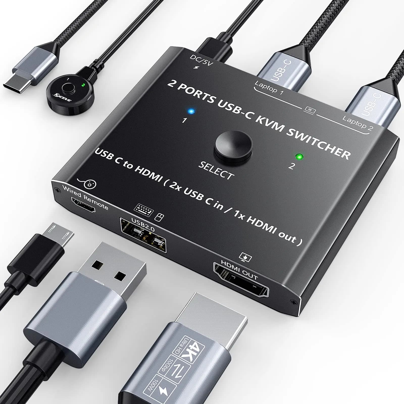 Switch KVM USB C 4K a 60 Hz 2 IN 1 OUT, switch KVM da 2 porte da tipo C a HDMI, 2 pezzi condividi 1 tastiera mouse monitor, con telecomando cablato