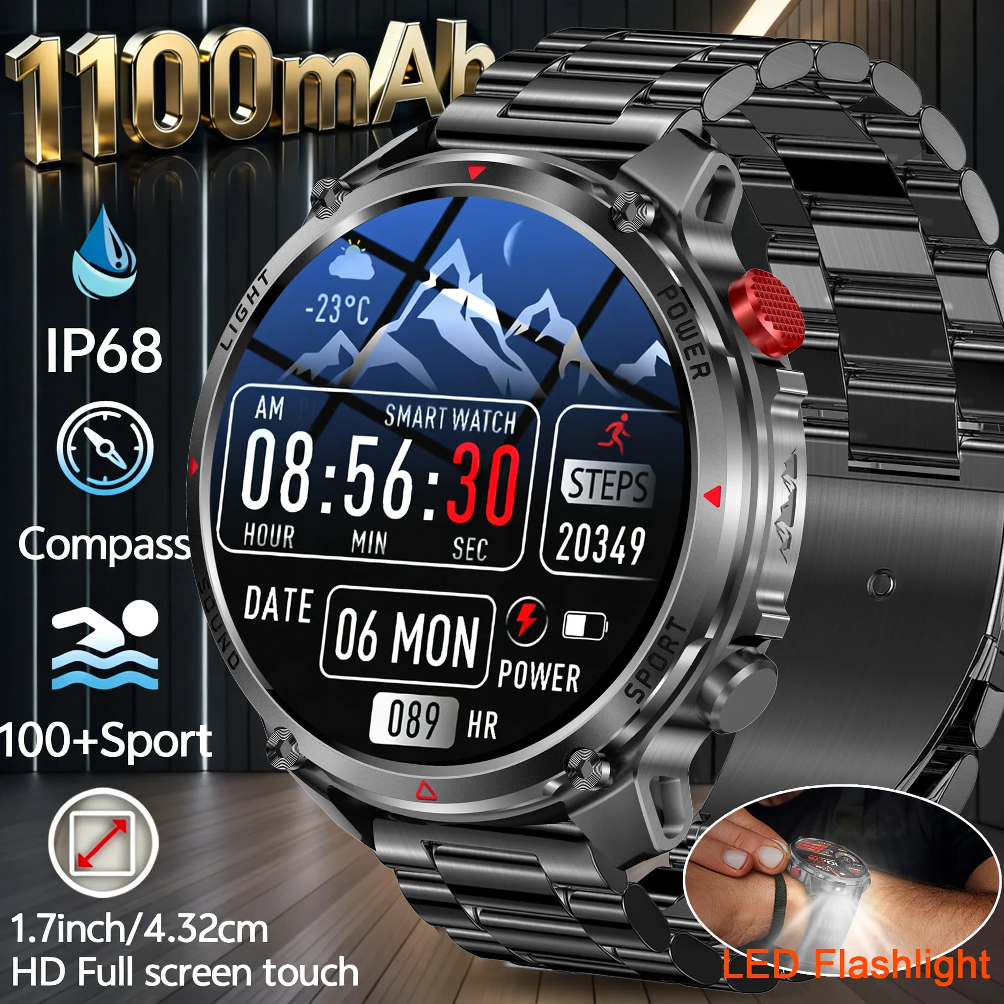 New T-Rex3 Smartwatch for Adults with 1100mAh Large Battery, 1.7 Inch Screen, GPS, Compass, 5ATM Waterproof, BT Calls, Intelligent Sports Watch