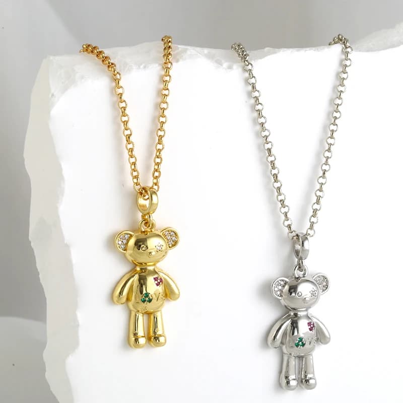 Collana con ciondoli a forma di orsetto tridimensionale da donna, con zirconi cubici, catena romantica color oro/argento, collana per coppia: VL258