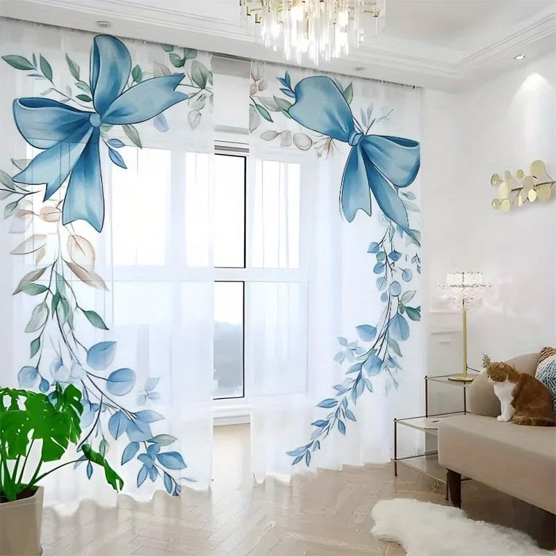 2PCS Digital Print Sheer Curtains, Bowknot Leaf Pattern, Sweet Cute Girlish Style for Girls Bedroom Living Room Window Decor