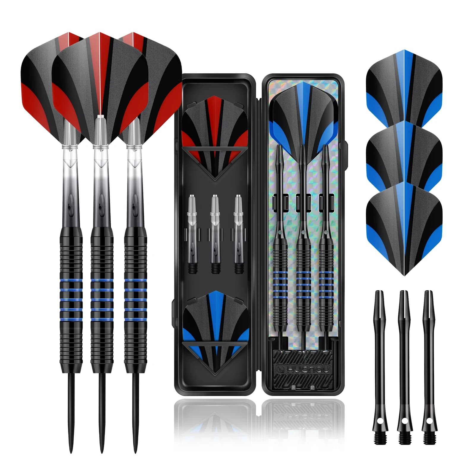 HUANQU 3Pcs 24g Iron Steel Tip Darts Set Professional Hard Case Shafts Extra Flights Sharpener Indoor Sports Game