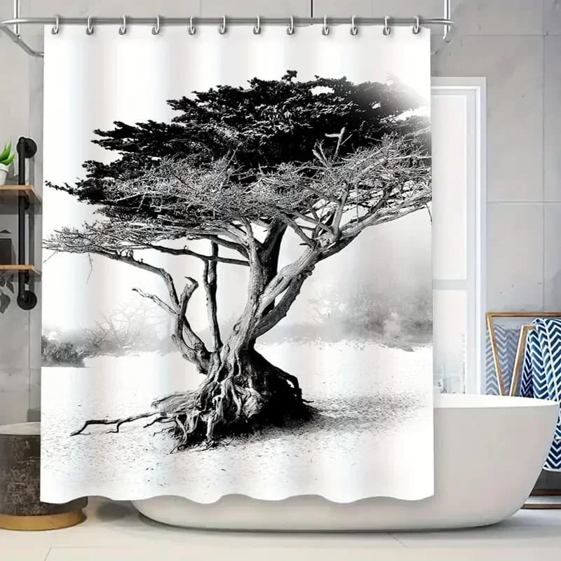 Tenda da doccia con albero in bianco e nero Decorazioni per la casa Accessori per il bagno Tende da doccia con stampa impermeabile Design ad albero bianco nero