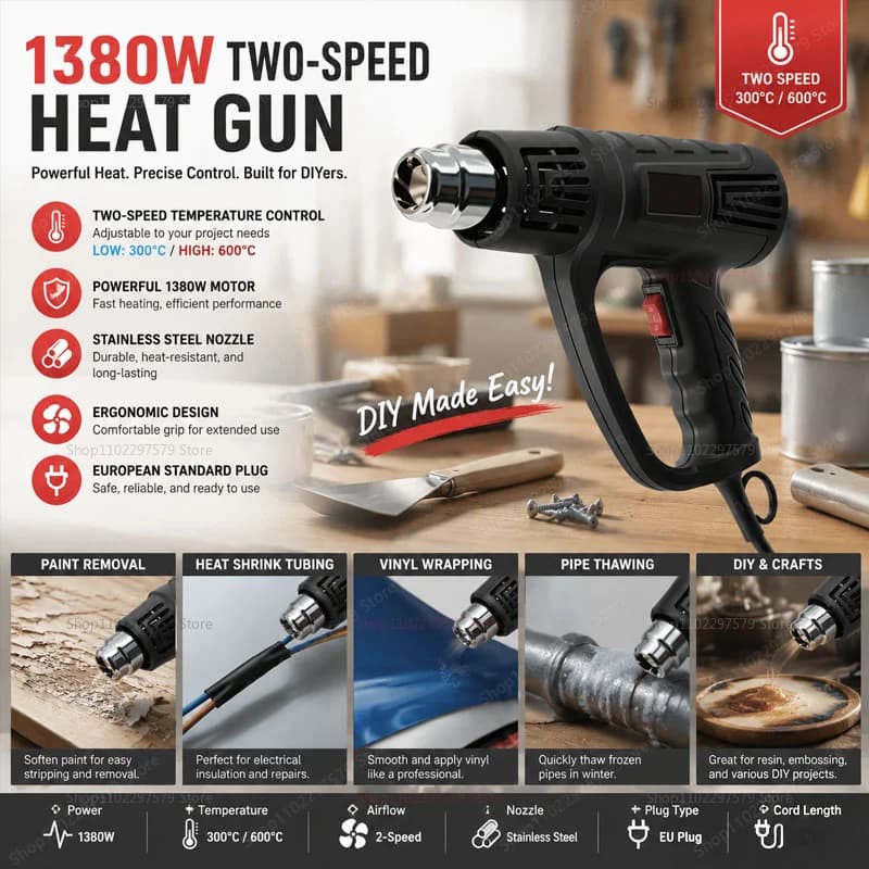 Pistola termica professionale da 1380 W con due livelli di temperatura regolabili per la rimozione della vernice fai-da-te, strumento per riscaldare la pellicola termoretraibile in plastica.