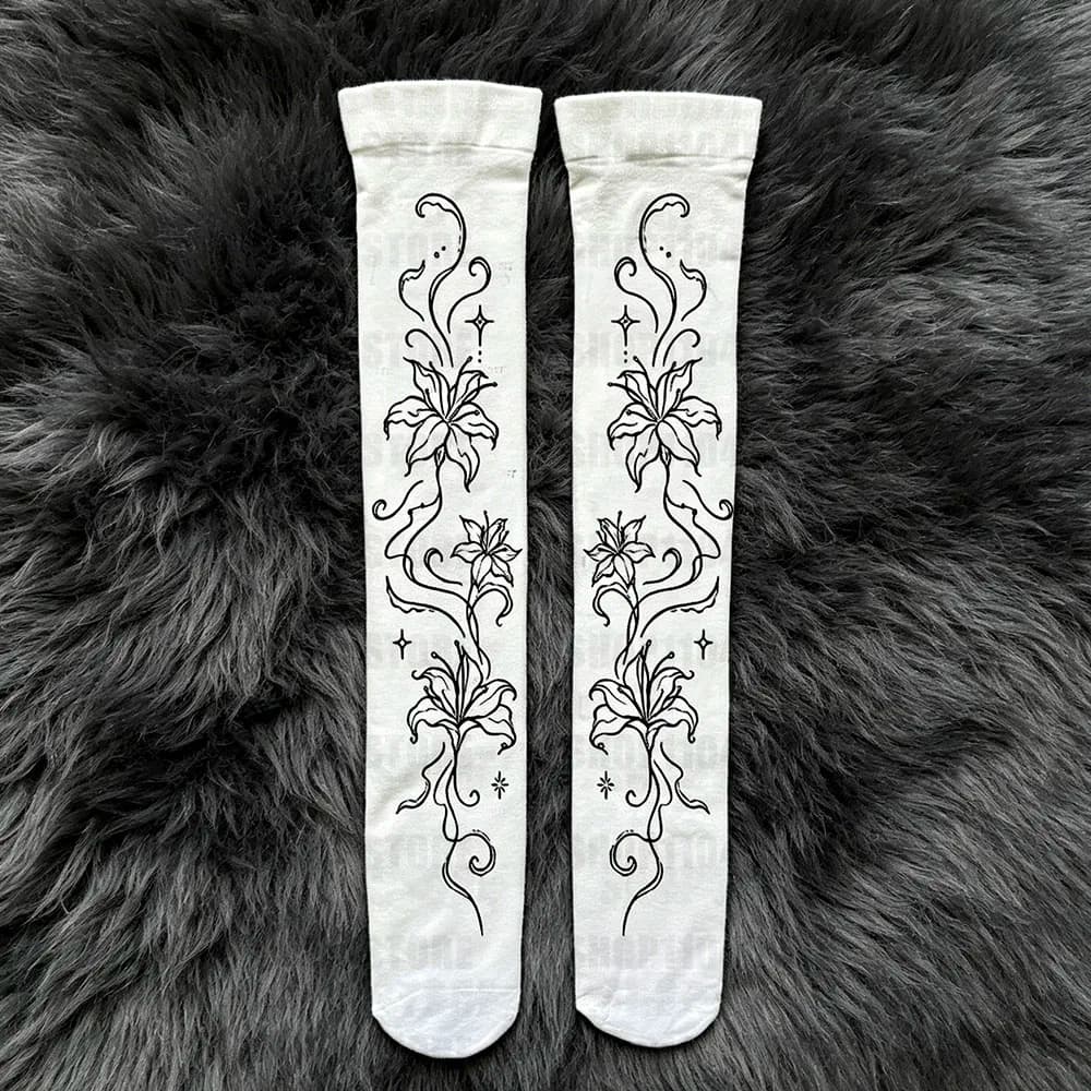 Harajuku over knee socks with floral print, sexy women's tight and fashionable socks