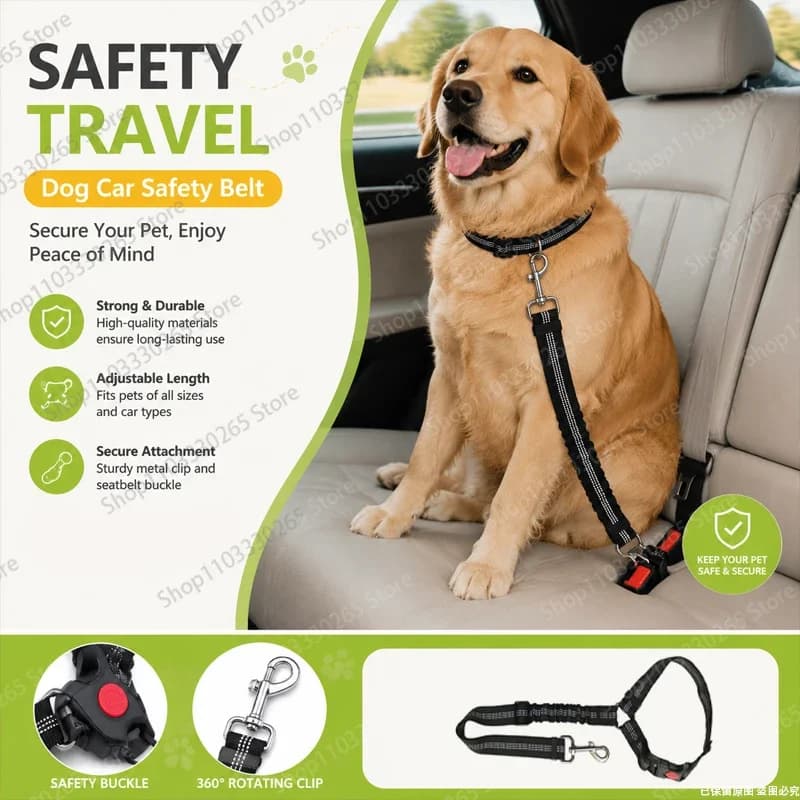 Reflective Dog Car Safety Belt, Adjustable Fixed Length Pet Seat Leash, 360° Rotating Metal Clip for Vehicle Travel