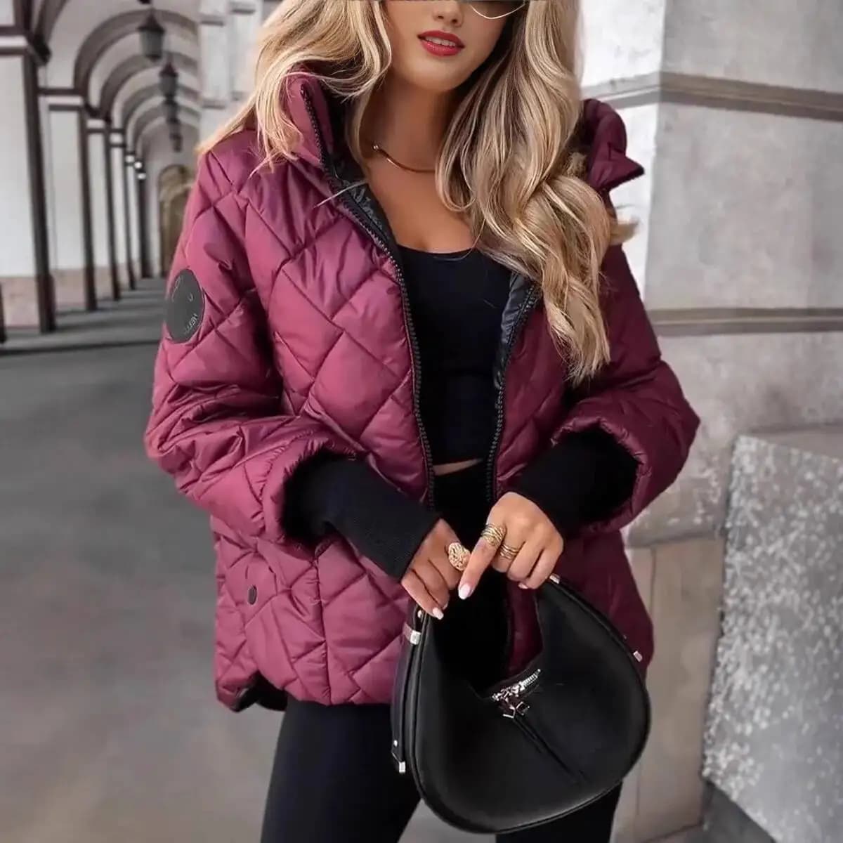 Cappotto di vestiti di cotone caldo delle donne di inverno moda diamante splicing manica lunga allentata con cappuccio vestiti di cotone giacche femminili 2026