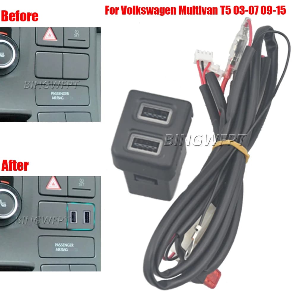 High Quality Car Quick Charger Red Light Dual QC3.0 USB Interface Socket With Fuse For Volkswagen Multivan T5 03-07 2009-2015