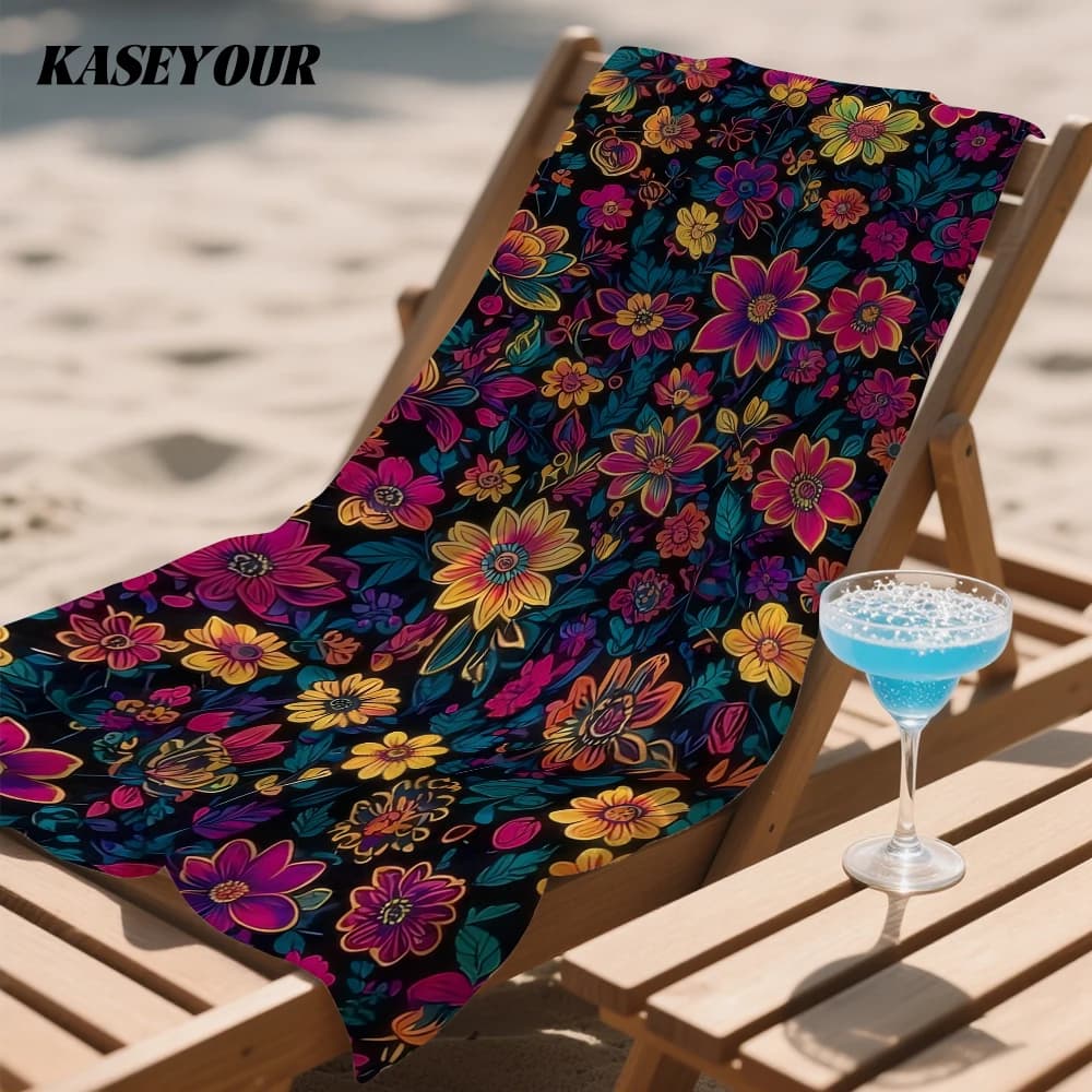 Vibrant Neon Blooms Oversized Microfiber Beach Towel Sand Proof Quick Dry, Absorbent for Swimming Pool Travel Camping