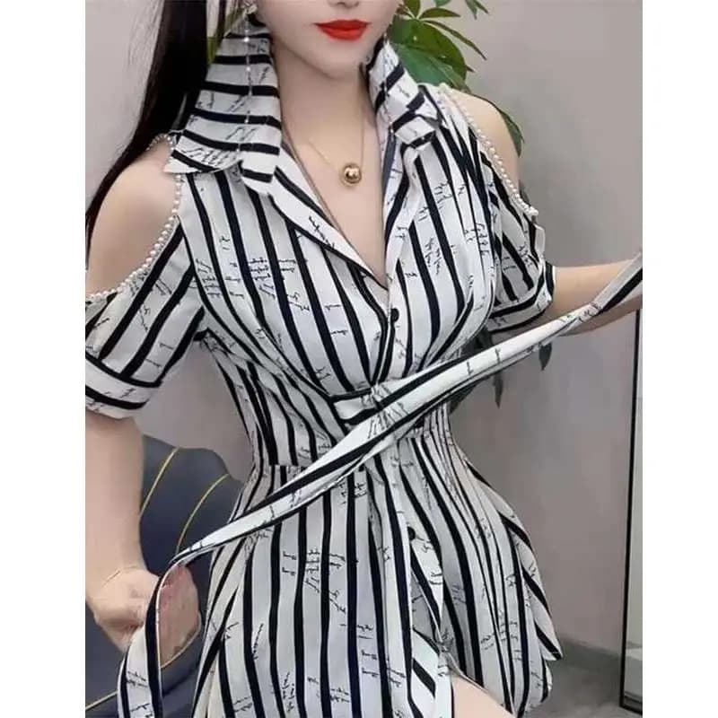 Abiti Estivi Coreani 2026 da Donna con Colletto Polo, Spalle Scoperte, a Righe, con Perline, Stampa, Bottoni, Fascia e Orlo Irregolare, Vestiti Slim a Trapezio