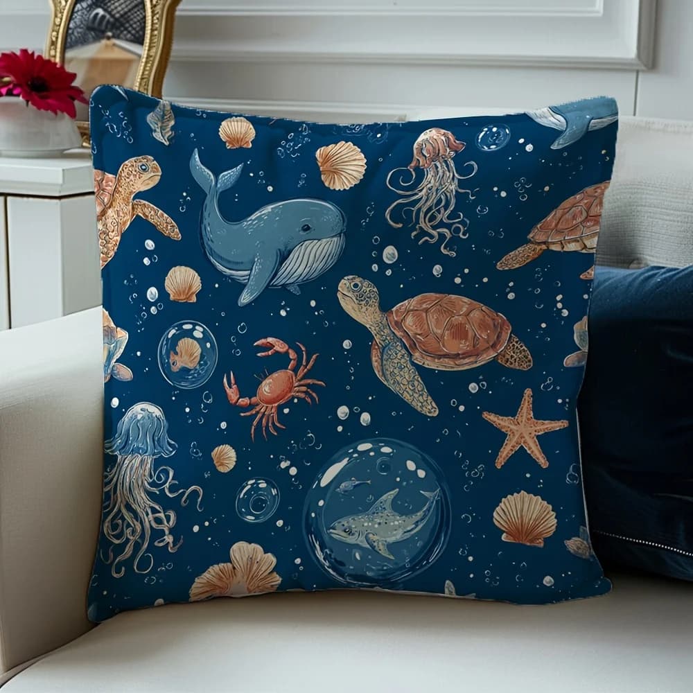 Fodera per cuscino decorativo a tema marino: vita oceanica, meduse, tartarughe, delfini - 45x45 cm