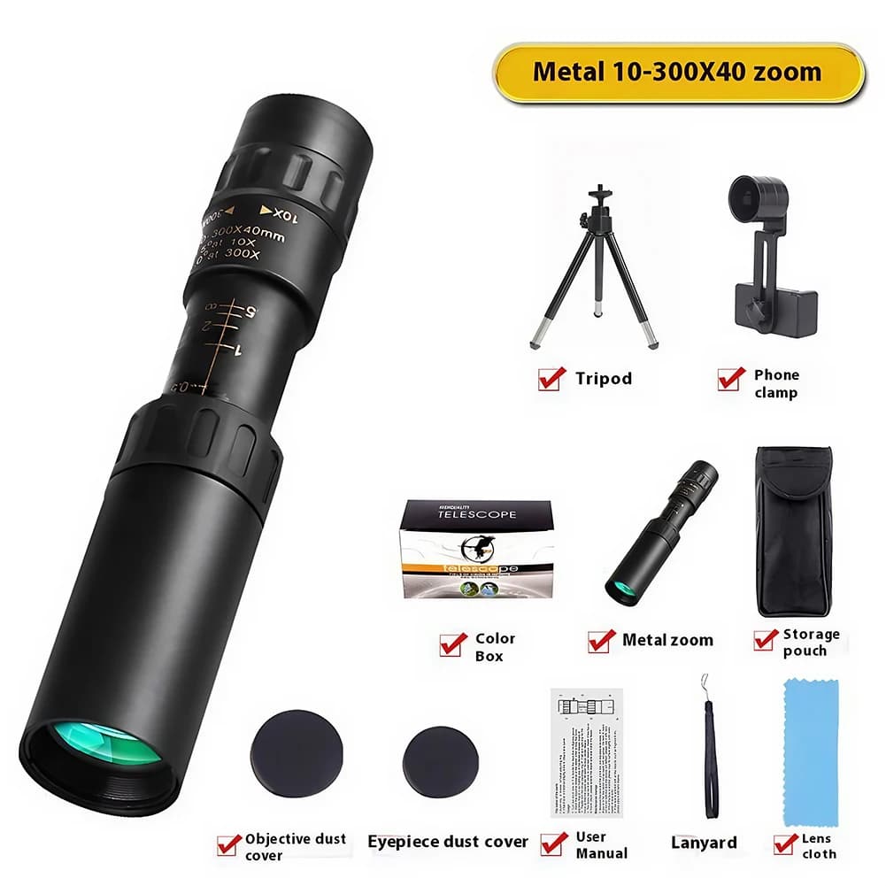 Monocolo Zoom 10-300x40 HD con Adattatore per Smartphone e Treppiede, Monocolo Compatto Tascabile per Adulti