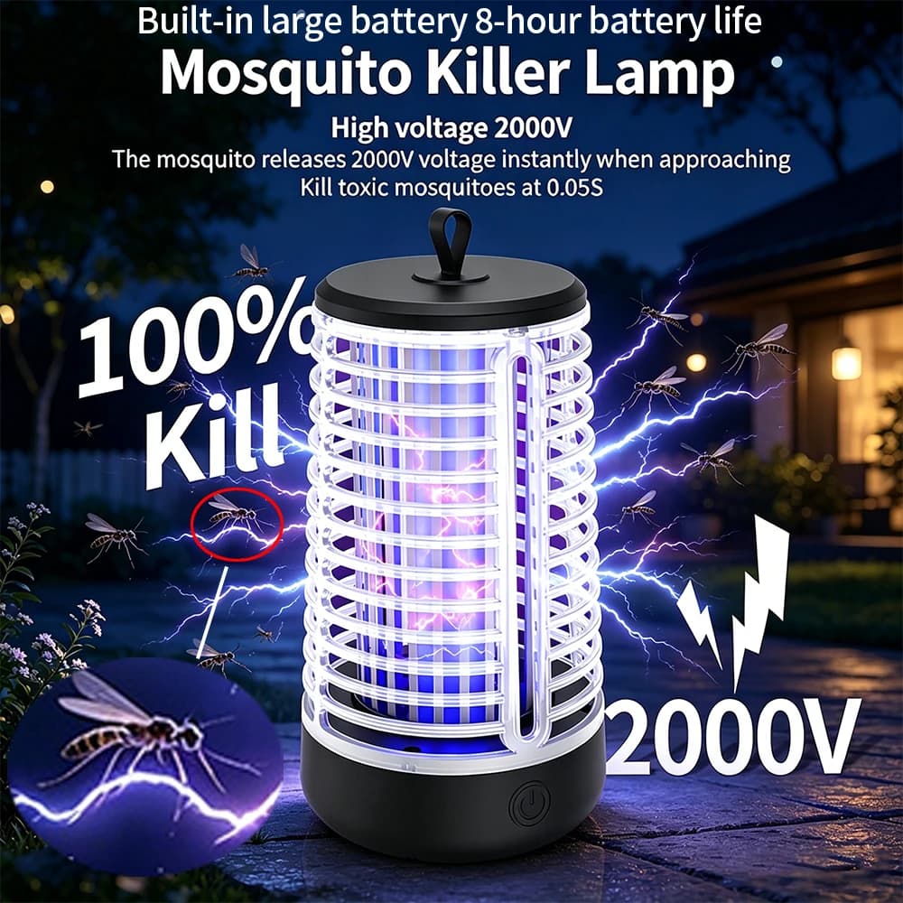 USB Rechargeable Mosquito Zapper Lamp 395nm UV Light 2000V High Voltage Insect Trap Portable Silent Bug Killer for Home Camping