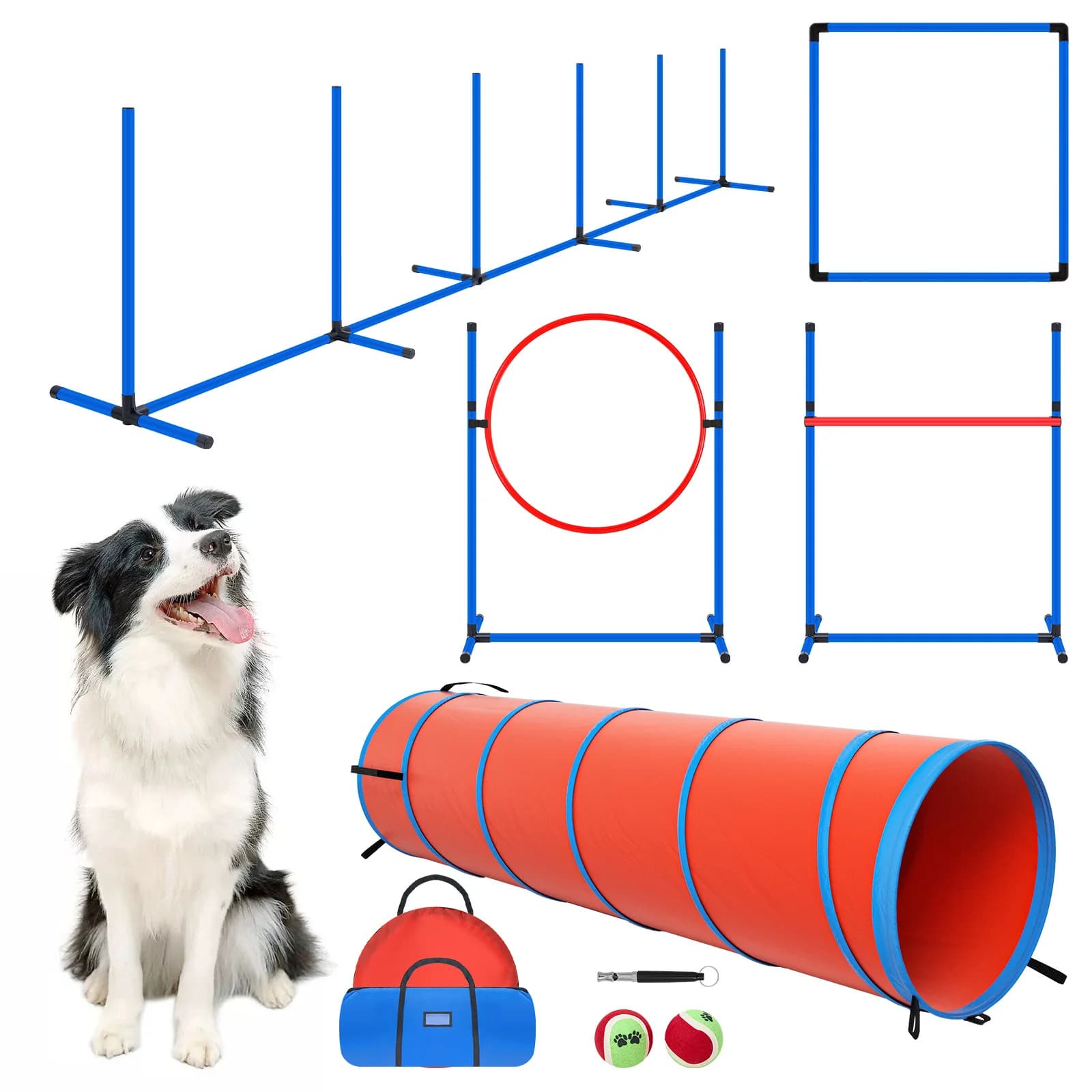 VIWAT Attrezzatura per Agility Canina, Set per Percorso Agility da Giardino con Ostacoli, Include Ostacolo Regolabile in Altezza, 6 Pali per Guadino, Tunnel Allungabile, Anello per Salto, Box Quadrato, 2 Palline, Fischietto, 2 Borse per il Trasporto