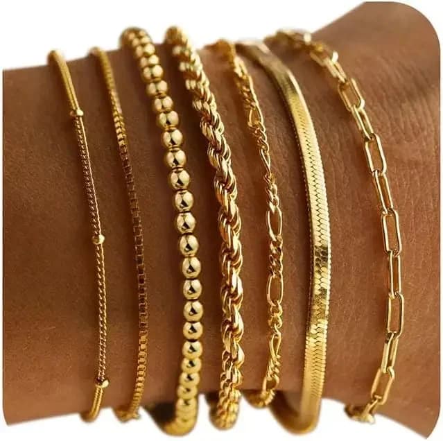 Regali per la Festa della Mamma, Set di 7 Bracciali Dorati per Donne - Bracciali con Perline Placcati in Oro 14K