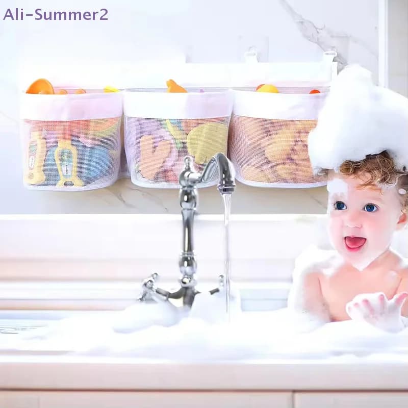 Organizzatore per giocattoli da bagno grande con 5 ganci a ventosa resistenti, rete portaoggetti in rete per giocattoli da bagno per neonati con 3 scomparti