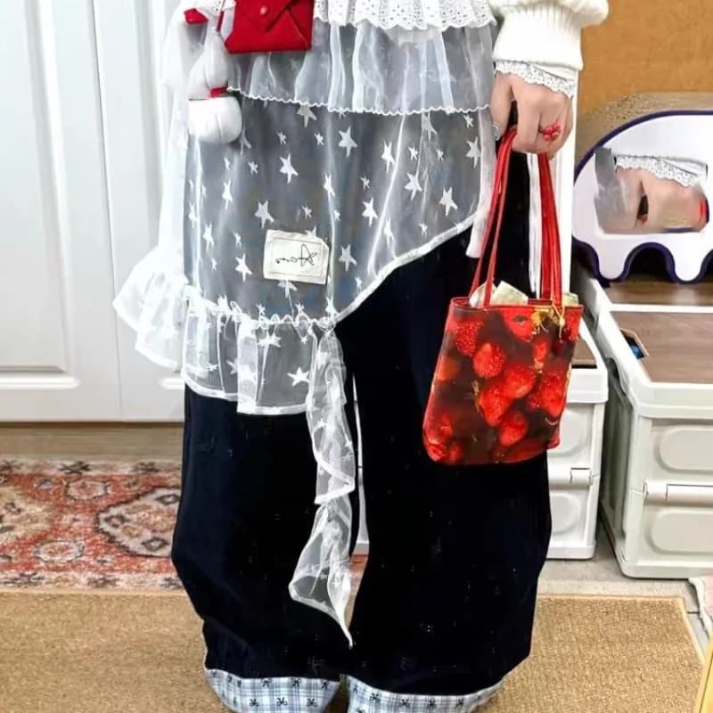 Minigonna da donna in pizzo a rete con stampa a stella, stile Y2K, estetica Ins, con balze a sovrapposizione e orlo irregolare, modello Fairy Faldas