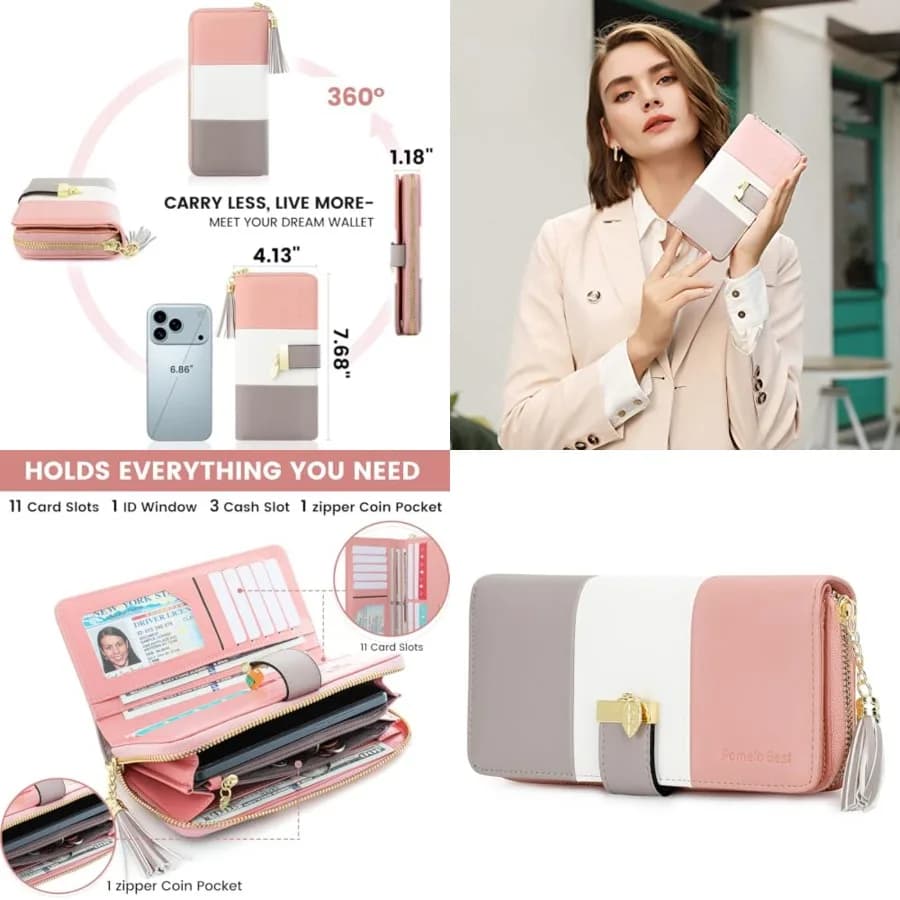 Womens Wallet RFID Blocking Wallet for Women Bifold Large Capacity Card Holder Ladies Long Purse with ID Window Zipper Coin Poc