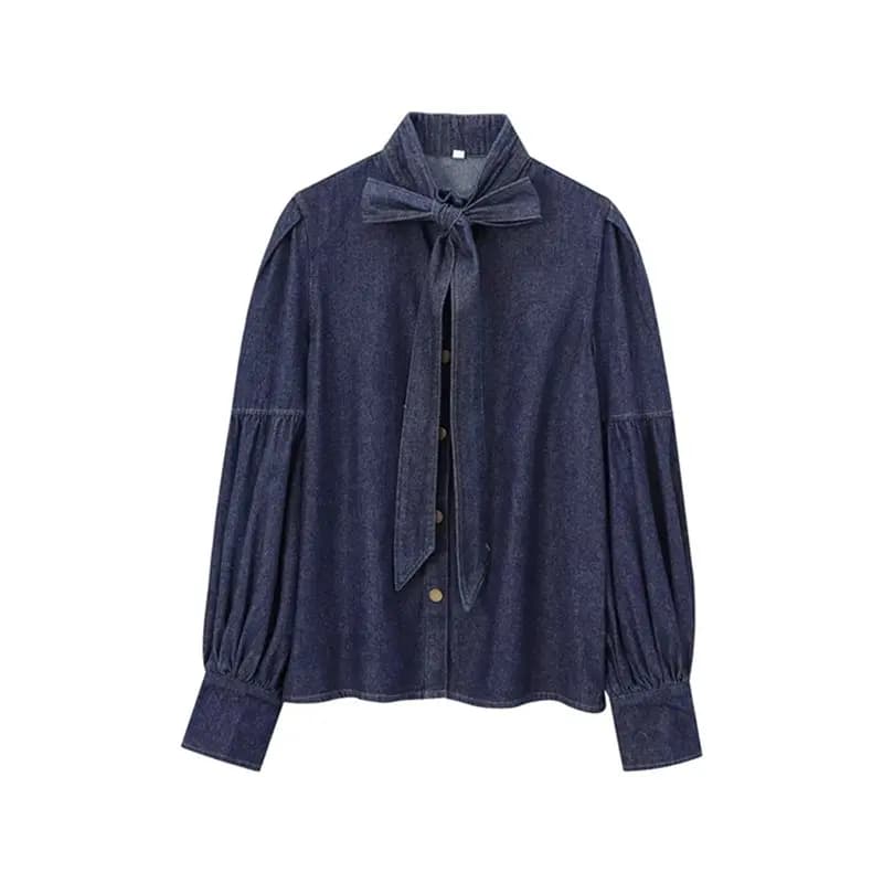 ABRT-Camicetta in denim da donna, pullover impreziosito con maniche lunghe a sbuffo, camicie vintage con bottoni in jeans, top blu navy L