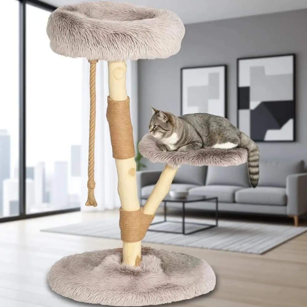 Torre per Gatti da 35 Pollici con Rami Naturali, Tiragraffi, Cuccia e Giochi in Corda per Gatti Adulti da Interno