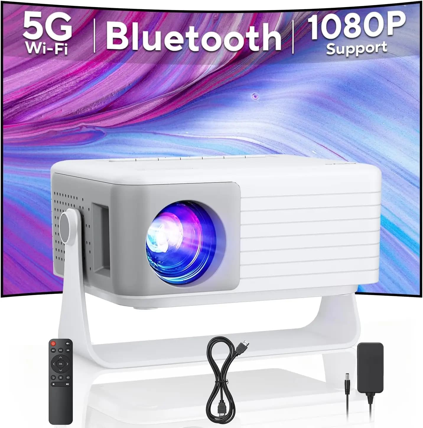 Mini Proiettore Aggiornato 2026 con WiFi 6 e Bluetooth, 1080P HD, 360° ° Home Theater Portatile Girevole
