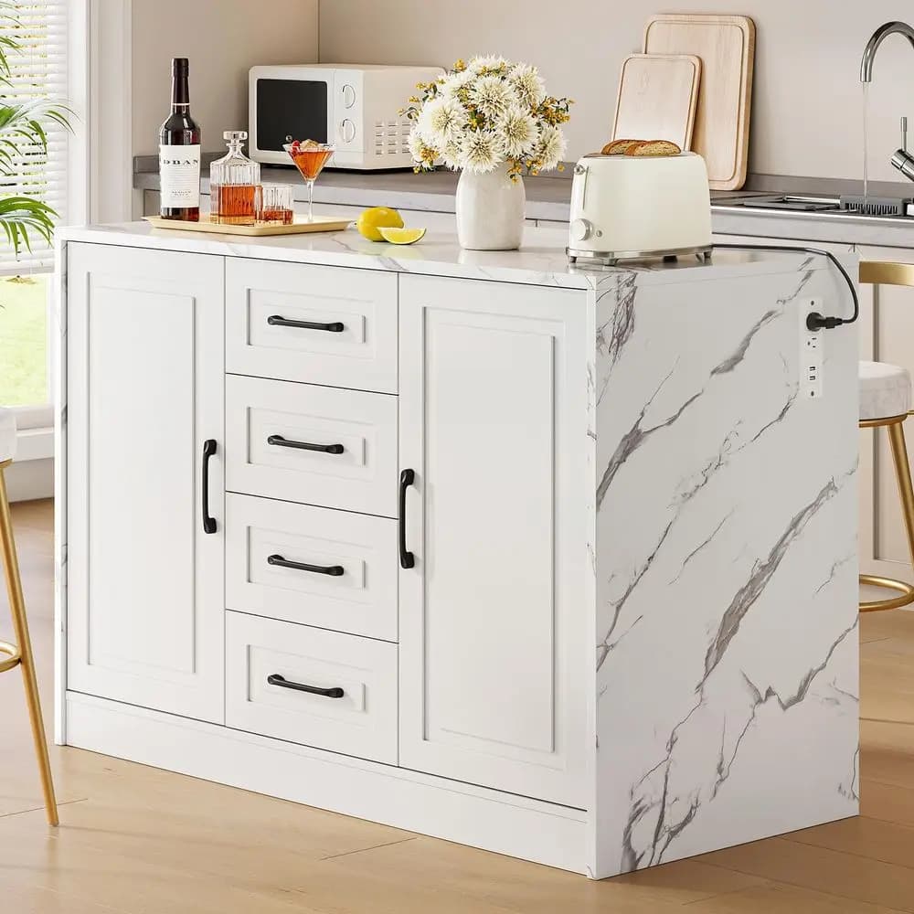 Isola da Cucina 47.3 con 2 Armadietti e 4 Cassetti, Tavolo da Pranzo Moderno in Finto Marmo con Presa di Corrente, Bancone Bar