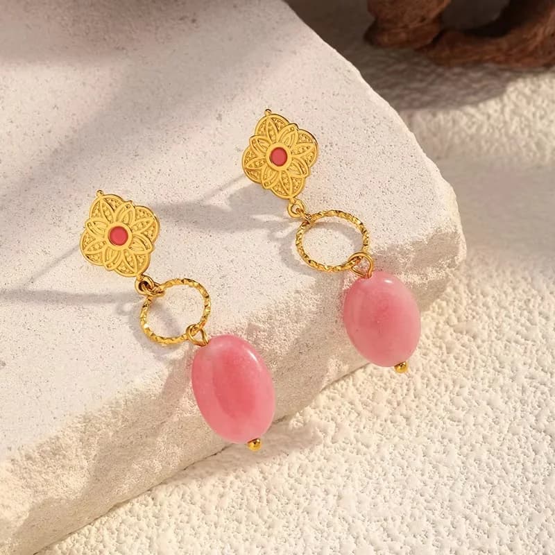 Orecchini pendenti in pietra naturale elegante alla moda Orecchini geometrici creativi con fiori in acciaio inossidabile Donna Indossare quotidianamente Regali per feste