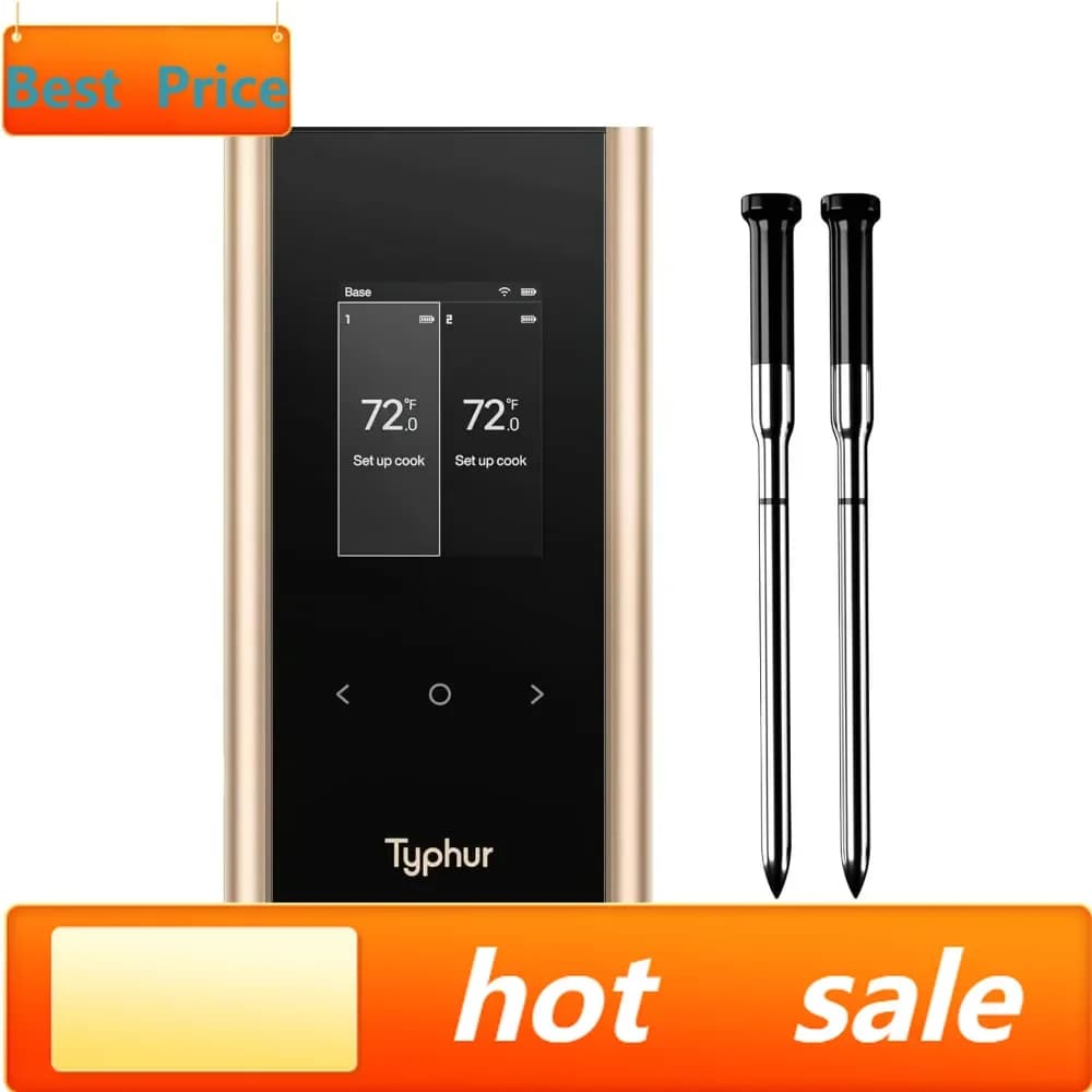 Termometro per carne wireless WiFi Typhoon Sync Gold in offerta, con 2 sonde sottili, 6 sensori, segnale potenziato, alta precisione