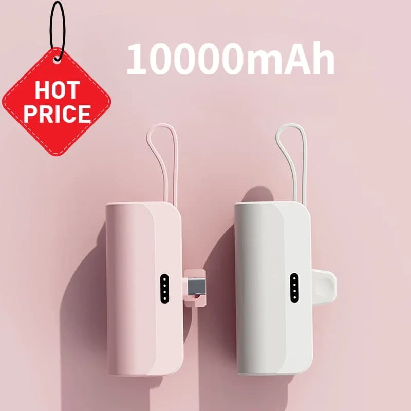 Mini PowerBank Batteria esterna Caricatore rapido per IPhone Samsung Xiaomi 10000mAh Banca di potere portatile Cavo integrato Spina di tipo C