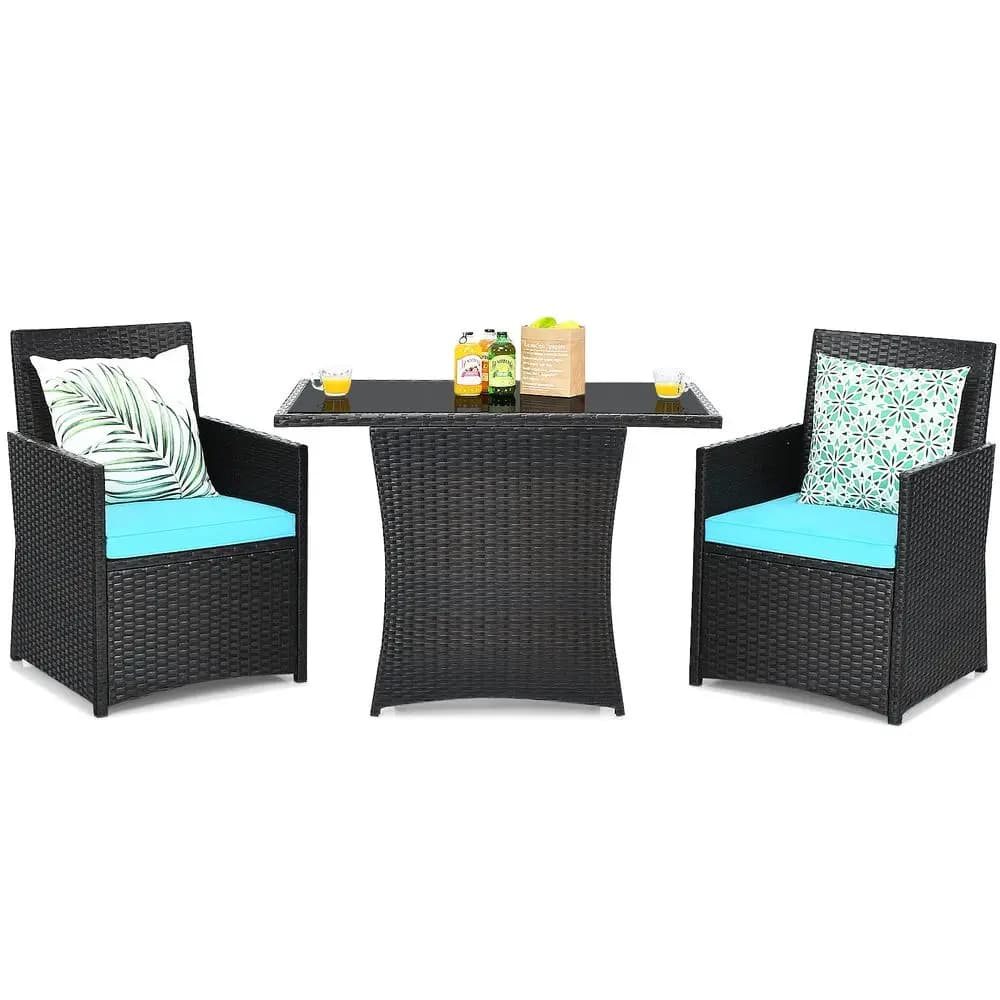 Set da Pranzo da Esterno 3 Pezzi, Set Bistrot Salvaspazio in Rattan PE con Tavolo in Vetro Temperato e Sedie Imbottite, Conversazione all'Aperto