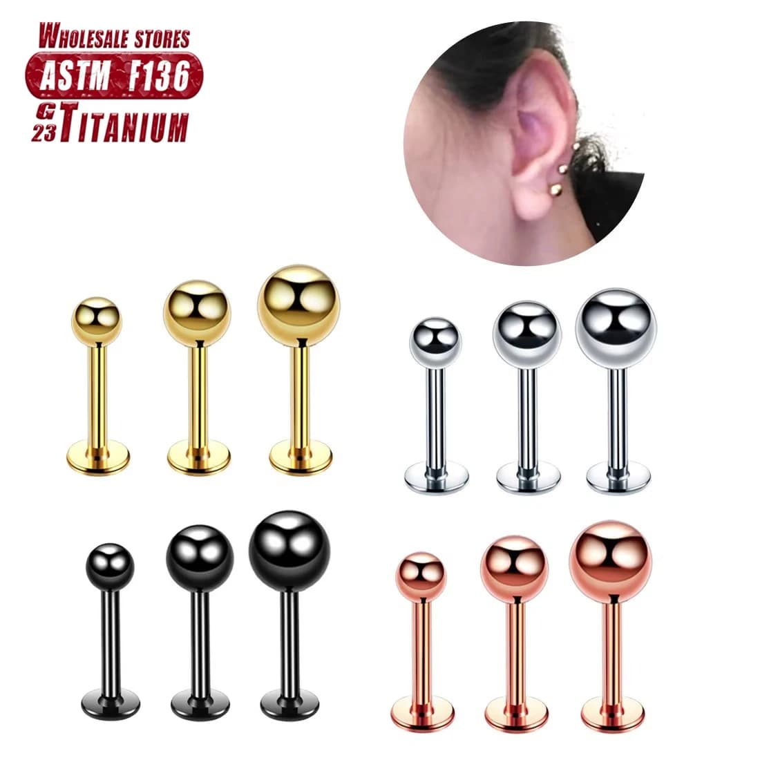 F136 Titanio Piercing 3-5mm Bead Labret Stud Cartilagine Incernierato Setto Daith Helix Trago Orecchino Donna Uomo Affascinante Gioielli per il corpo