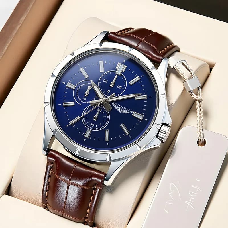 Men Chronograph Quartz Watch, Blue Dial Brown Leather Strap Waterproof Business Wristwatch for Male
