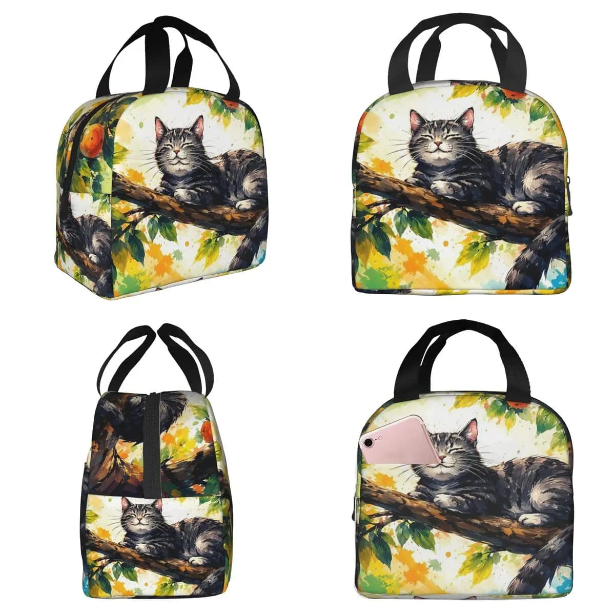 Thermal lunch bag with cat motif sleeping on a tree branch, for children, school, heat container for food, portable thermal bag for lunch