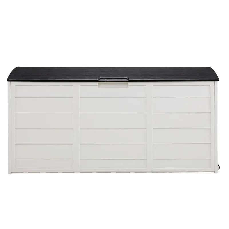 75gal 110.00lb White Body, Black Lid, Wood Grain Design, with Two Wheels, Injection Molded, Patio Plastic Storage Box