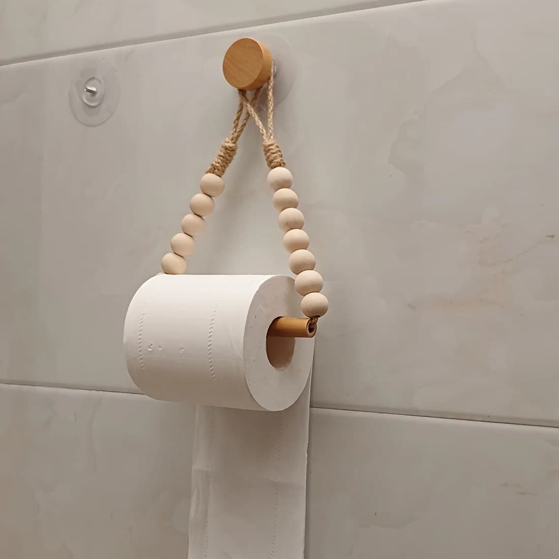 [Rustic Roll Paper Rack] Rustic Punch-Free Roll Paper Storage Rack | Hemp Rope & Wooden Balls | Adhesive Toilet Paper Holder