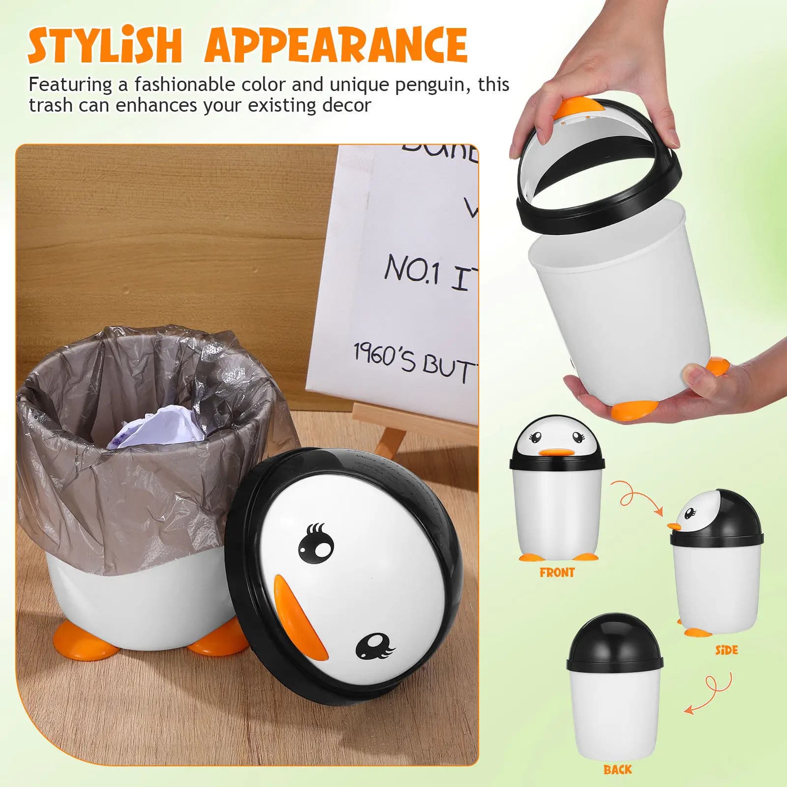 Cestino per la spazzatura a forma di pinguino, cestino da scrivania con coperchio oscillante, cestino in plastica per bambini con bocca larga, cestino per la spazzatura per cameretta, decorazione per casa e ufficio