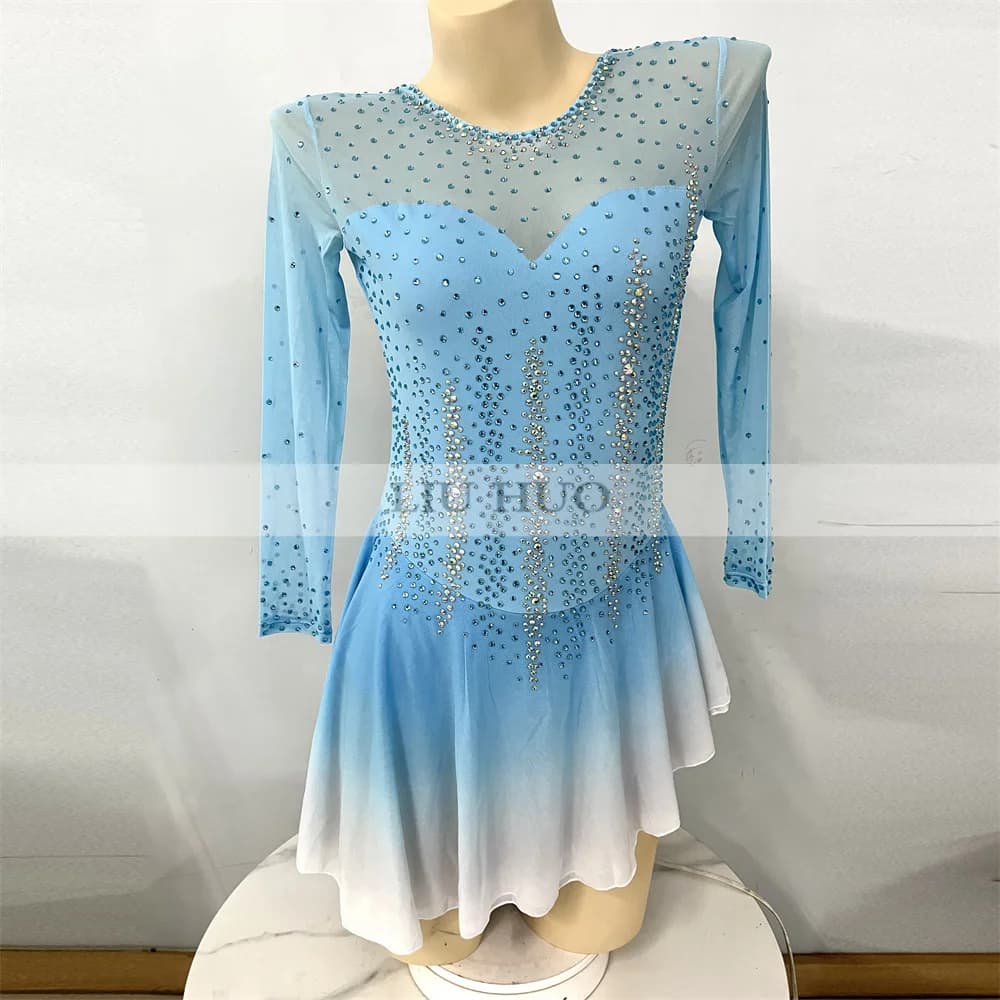 LIUHUO Danza sul Ghiaccio Pattinaggio di Figura Vestito Donna Ragazza Adulta Personalizza Costume Prestazioni Competizione Blu Manica Corta Gradiente Adolescente