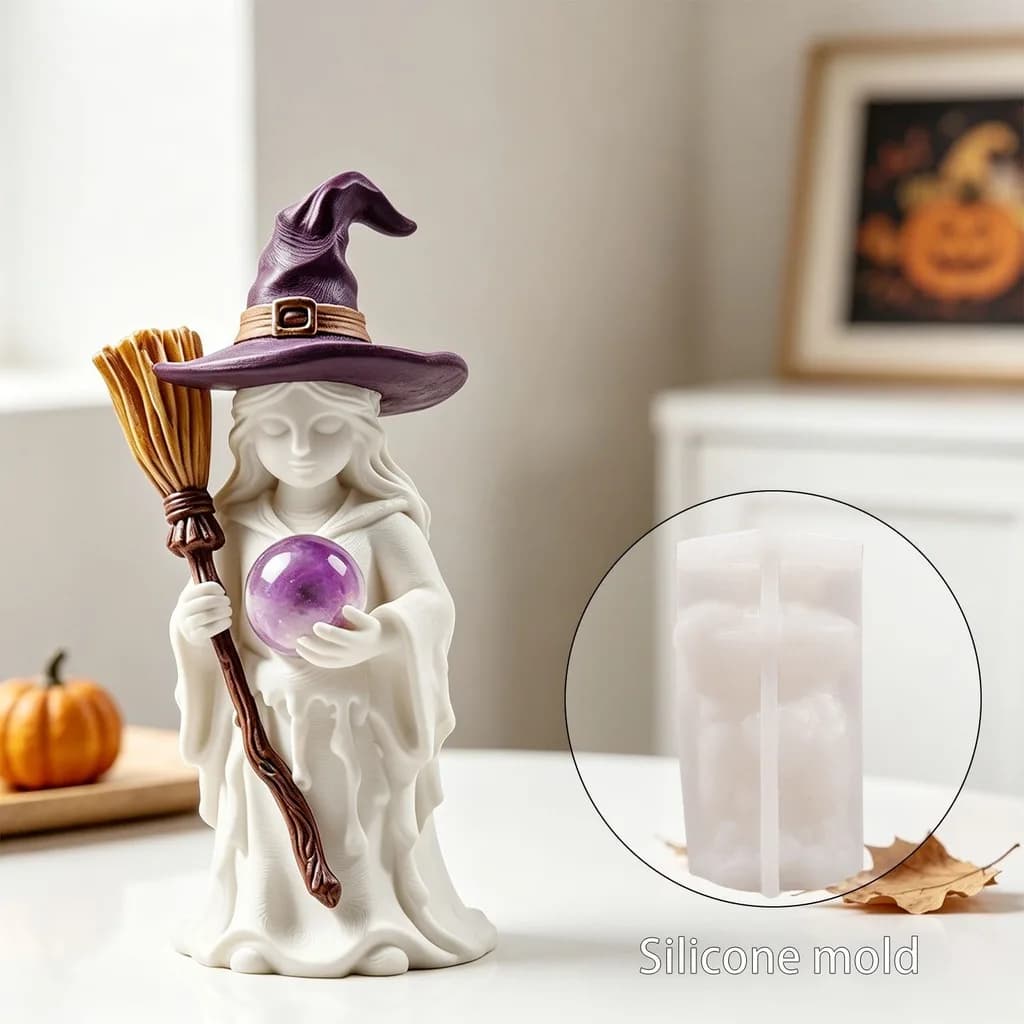 Stampo in Silicone 3D per Halloween a Forma di Strega con Sfera di Cristallo, per Candele, Gesso, Resina, Decorazioni per la Casa
